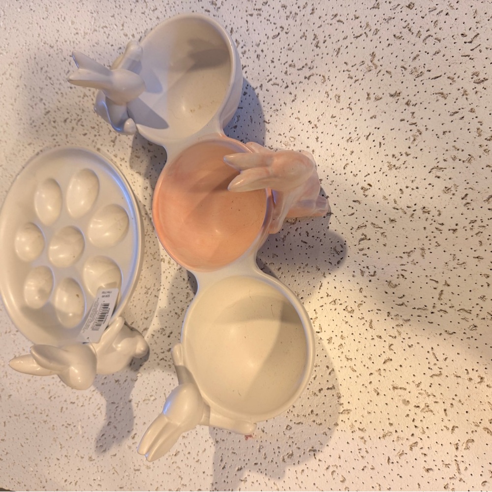 Ceramic Bunny Trio Snack Dish - White & Pale Pink, egg holder